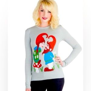 Bea & Dot by ModCloth Gnomes Love Heart Mushroom Daisy Flowers Sweater